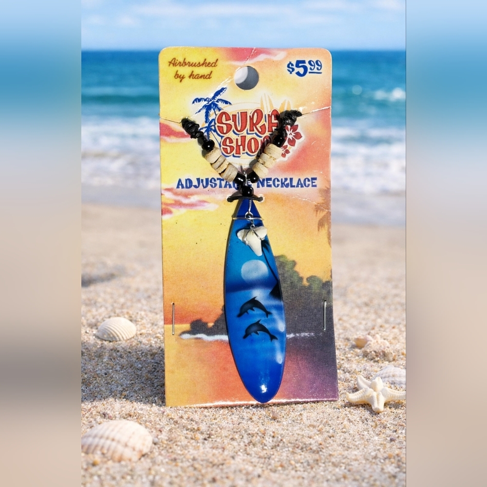 Airbrush Surf Shark Tooth Surfboard Necklace Adjustable Cord Dolphin Pendant